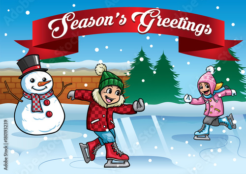 kids ice skating with snowman