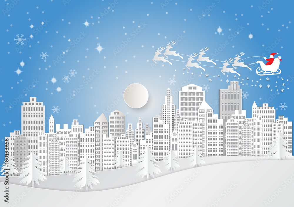 City for Christmas Season with Snowflake and Santa Claus. vector illustration paper art style City for Christmas Season with Snowflake and Santa Claus. vector illustration paper art style