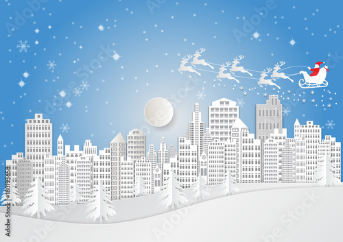 City for Christmas Season with Snowflake and Santa Claus. vector illustration paper art style