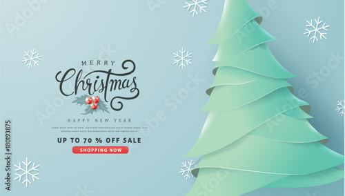 Merry Christmas and Happy New Year sale banner background with paper art and craft style.Calligraphy.Vector illustration template.greeting cards.