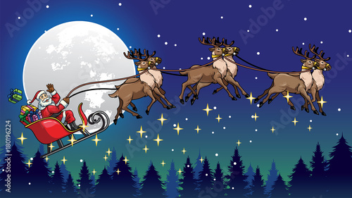 santa ride sleigh pulled by his reindeers over the night