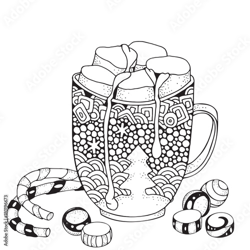 Christmas mug with hot chocolate and marshmallow. Christmas decoration. Xmas sweets. Adult Coloring book page. Hand-drawn vector illustration. Black and white Pattern for coloring book. Zentangle.