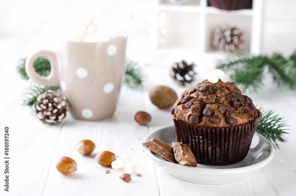 Christmas chocolate muffin and cocoa. Christmas chocolate muffin and cocoa.