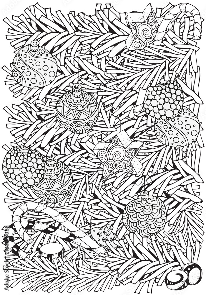 Winter pattern with christmas tree branch and xmas decoration. A4. Hand-drawn decorative elements in vector. Pattern for coloring book. Black and white. Zentangle