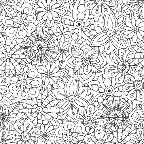 Seamless Pattern for adult coloring book. Flowers. Ethnic, floral, retro, doodle, vector, tribal design element. Black and white background.