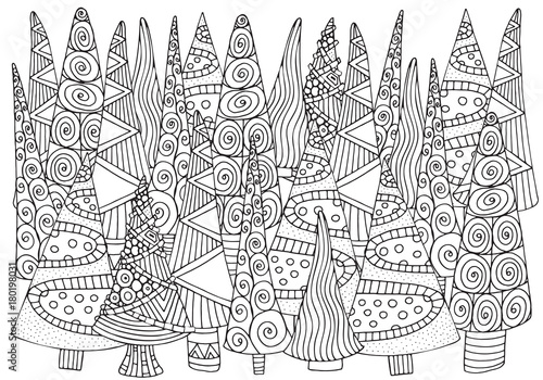 Fototapeta Wzór dla kolorowanka choinek, ręcznie rysowane elementy dekoracyjne w wektorze. A4. Fantazyjne choinki. Czarno-biały wzór. Zentangle