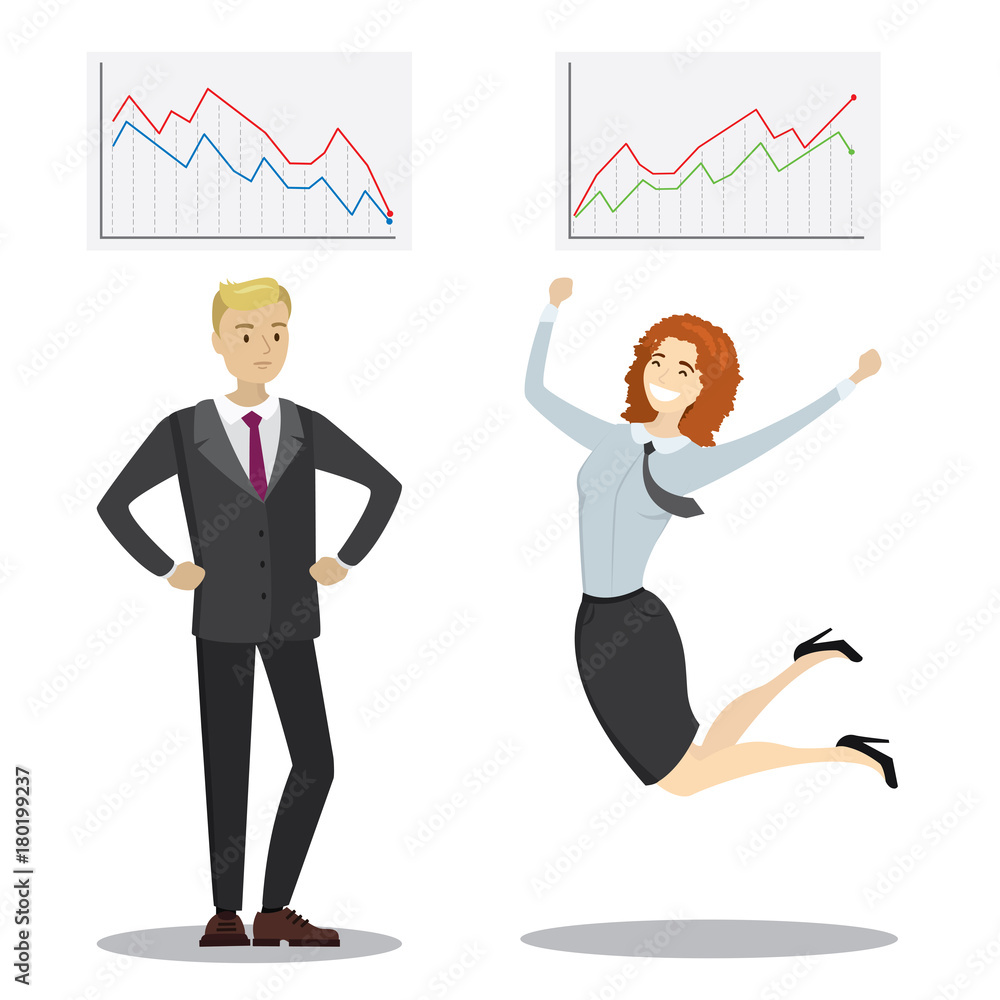 Sad businessman standing and jumping happy business woman Sad businessman standing and jumping happy business woman