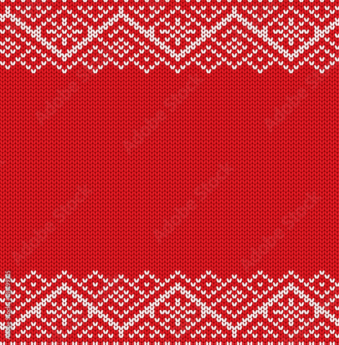 Knitted red christmas geometric ornament. Winter seamless knit background with empty place for your text.
