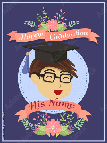Happy Graduation greeting card man boy using mortar board on blue background