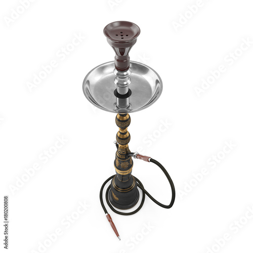Black hookah with black rubber tube and black flask isolated on white. 3D illustration