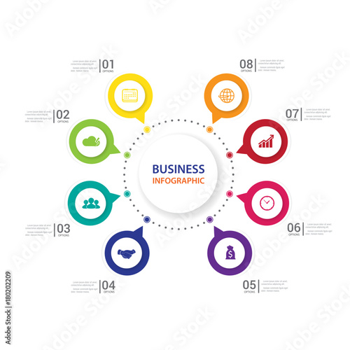 Modern infographics process  with connected , icons and text for 8 steps.