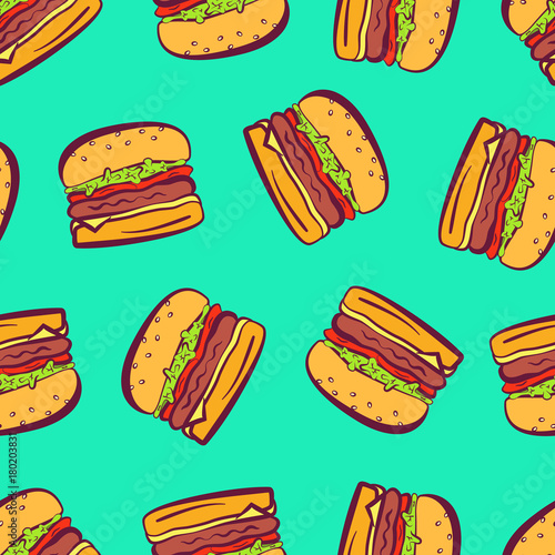 Cartoon colorful bright outline hamburgers on green background seamless pattern. Comic flat pop art burger texture for fast food restaurant or cafe menu banner, textile, wrapping paper, package, cover