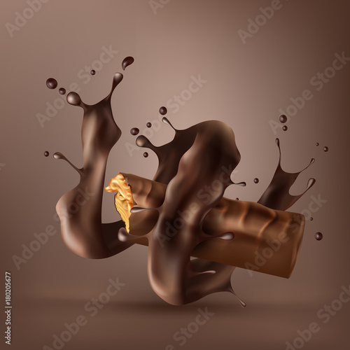 Vector realistic sweet chocolate bar with biscuits and caramel wrapped in spiral melted chocolate isolated on brown background. Chocolate bar ads, packaging design element, advertising poster template