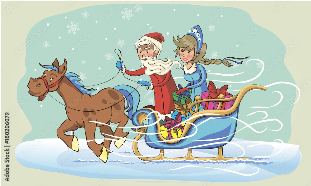New Year greeting card with cartoon Father Frost and Snow Maiden. Winter holiday Xmas postcard with Ded Moroz and Snegurochka. the frost rides on the sleigh New Year greeting card with cartoon Father Frost and Snow Maiden. Winter holiday Xmas postcard with Ded Moroz and Snegurochka. the frost rides on the sleigh