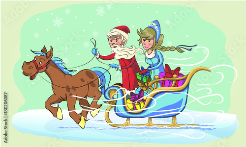 New Year greeting card with cartoon Father Frost and Snow Maiden. Winter holiday Xmas postcard with Ded Moroz and Snegurochka.  the frost rides on the sleigh