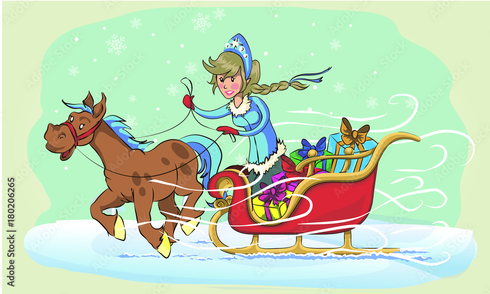 Fototapeta premium New Year greeting card with cartoon Father Frost and Snow Maiden. Winter holiday Xmas postcard with Ded Moroz and Snegurochka. the frost rides on the sleigh