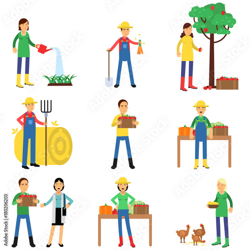 Farmers characters set working at farm, gardening, harvesting and selling farm products