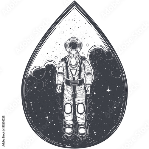 Vector abstract astronaut, cosmonaut in space suit against the background of cosmic space with stars, enclosed in form of drop, engraving style, isolated on white background. Print, template