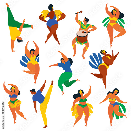 Vector illustration in retro flat style carnival girls, women and men young people. Healthy lifestyle. Set of Brazilian samba dancers, capoeira, drummer. Design element in bright colors with textures.