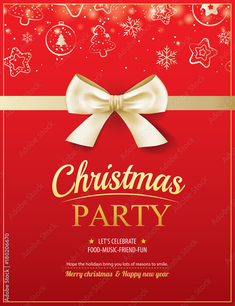 Merry christmas party and gold ribbon on red background invitation theme concept. Happy holiday greeting banner and card design template. Merry christmas party and gold ribbon on red background invitation theme concept. Happy holiday greeting banner and card design template.