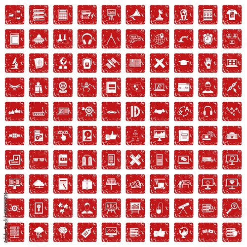 100 education technology icons set grunge red