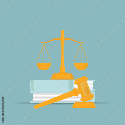  Law books with a judges gavel in flat style.