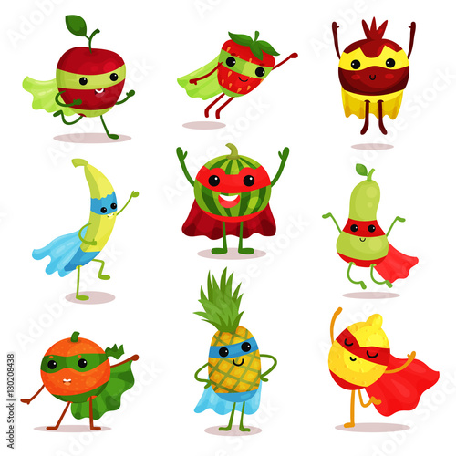 Vector illustration set of happy superhero fruit characters in different poses, card or print elements