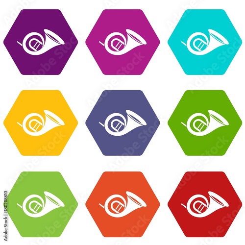 French horn icon set color hexahedron