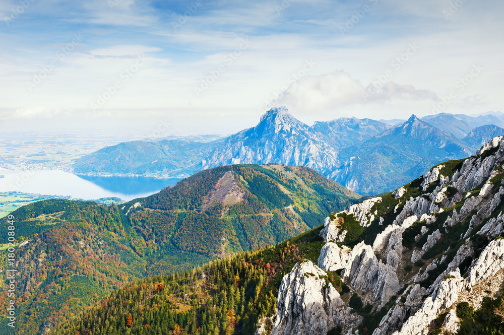 Landscape of the Traunsee lake from the Alberfeldkogel mountain, Austrian Alps