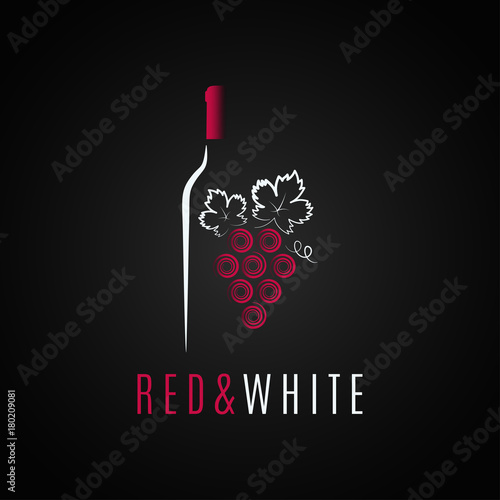 Wine bottle logo design. Red and white wine grape background