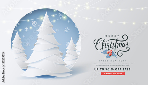 Merry Christmas and Happy New Year sale banner background with paper art and craft style.Glowing lights for Xmas Holiday.Calligraphy.Vector illustration template.greeting cards.