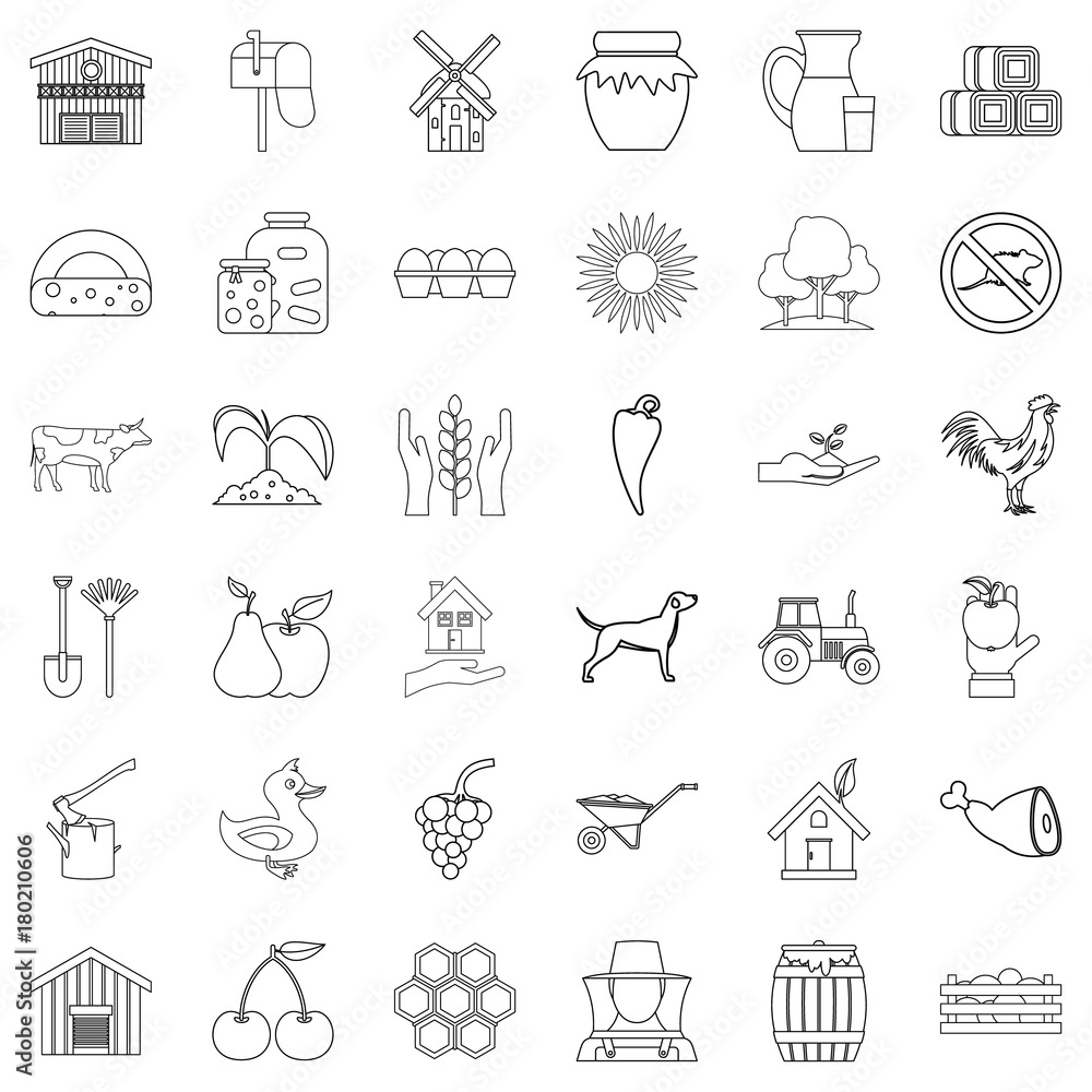 Farm icons set, outline style Farm icons set, outline style
