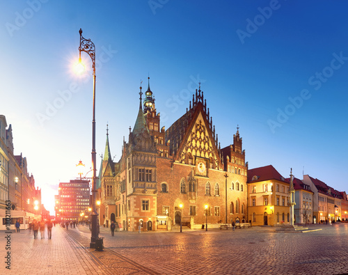 Market square and Town Hall at night, panoramic image