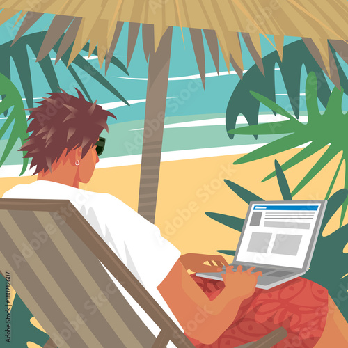 Busy young man working on laptop or notebook, sitting in deck chair on tropical beach next to ocean. Freelance concept. Simplistic realistic comic art style