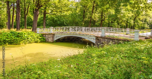 Summer landscape with park, pond and old openwork bridge