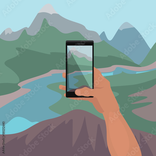 Hand of travel man making photo of landscape on smartphone from edge of cliff. Photographing mountain river in picturesque place. Simplified realistic comic art style