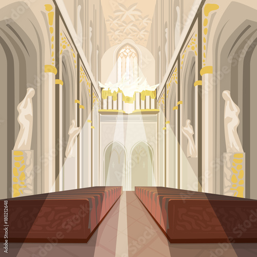 Beautiful view on nave from altar inside Cathedral Church. Interior of Catholic Basilica with sun rays from windows. Simplified realistic hand draw comic art style