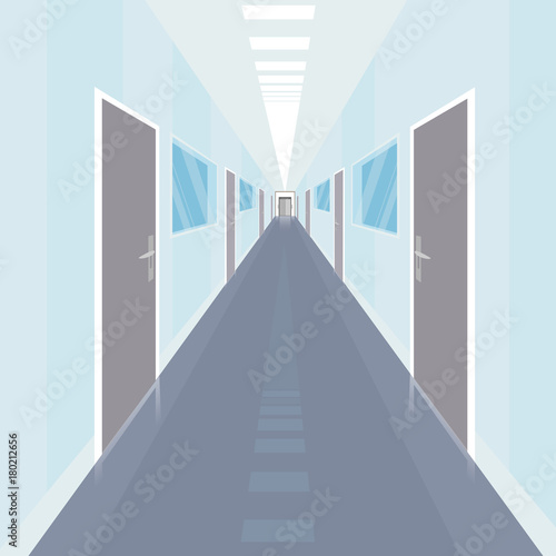 Interior of long and narrow corridor with a lot of doors, in modern office. Front view. Simplistic realistic comic art style