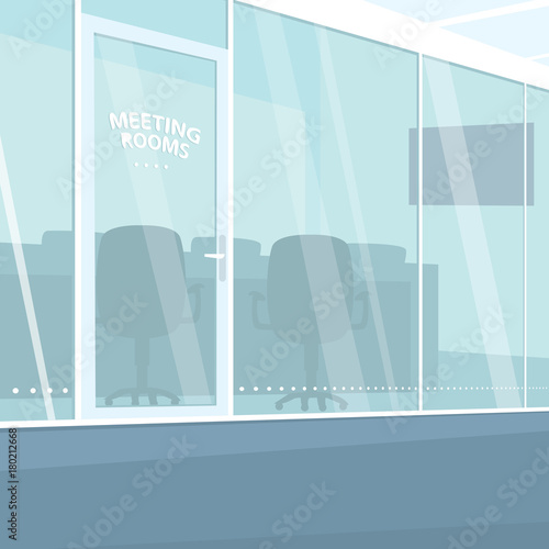 Interior of modern office corridor with view of meeting rooms with glass walls. Three quarter view. Simplistic realistic comic art style