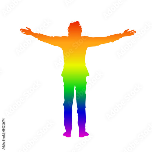 Isolated rainbow silhouette of man with raised open arms outstretched, on white background. Front or back view. Contour outline style
