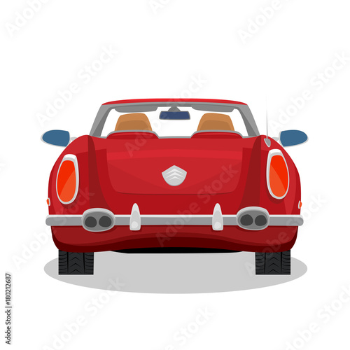Isolated red car  retro cabriolet on white background with shadow. Rear back view. Simplistic realistic comic art style