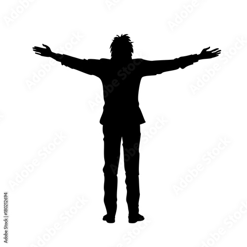 Isolated black silhouette of man with raised open arms outstretched, on white background. Front or back view. Contour outline style