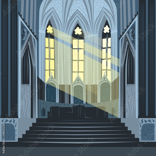 View on altar from nave inside Cathedral Church. Interior of Catholic Basilica with sun rays from windows. Simplified realistic hand draw comic art style