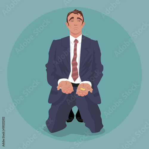 Tired businessman or manager in crumpled suit, kneeling and begging. Dismissal or crisis concept. Simplistic realistic comic art style. Front face view