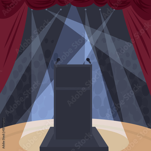 View from podium on stage of auditorium or orchestra with audience. Interior of theater or concert hall. Simplified realistic hand draw comic art style