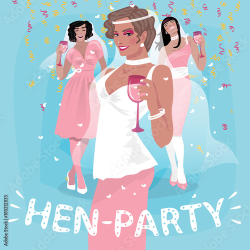 Three attractive young girls in pink wedding dresses welcome. Invitation to hen party or bachelorette party concept. Simplistic realistic cartoon art style