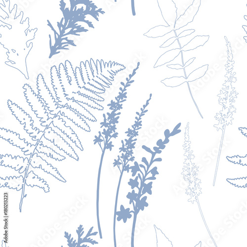 Floral vector seamless pattern with wild flowers, fern leaves and evergreen p...