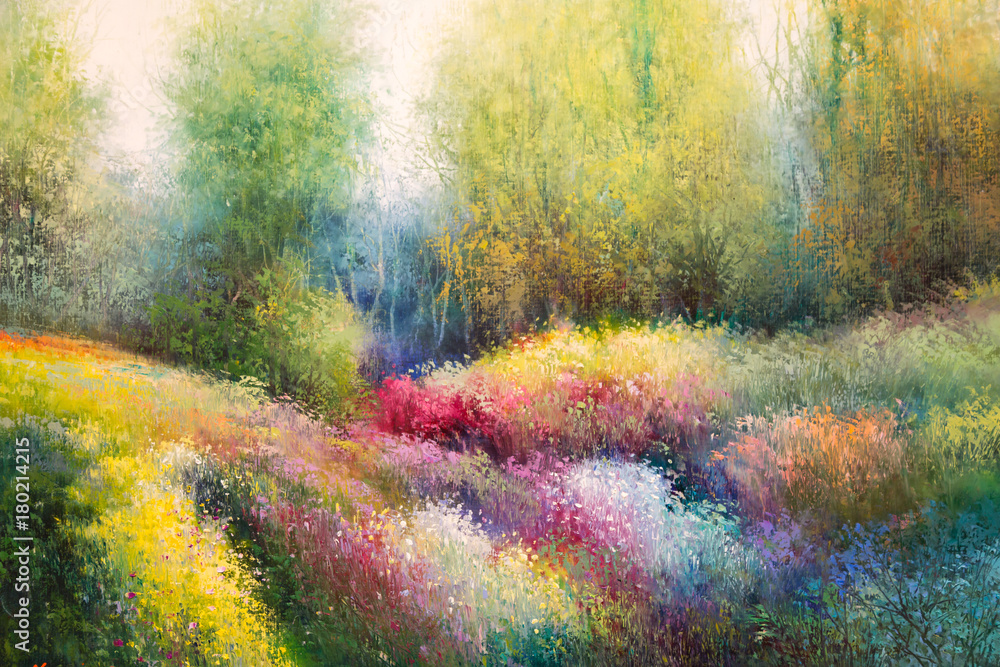 Obraz Obraz olejny na płótnie: Wiosna łąka z kolorowymi kwiatami i Tre