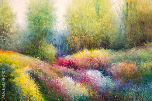 Oil Canvas Painting: Spring Meadow with Colorful Flowers and Tre