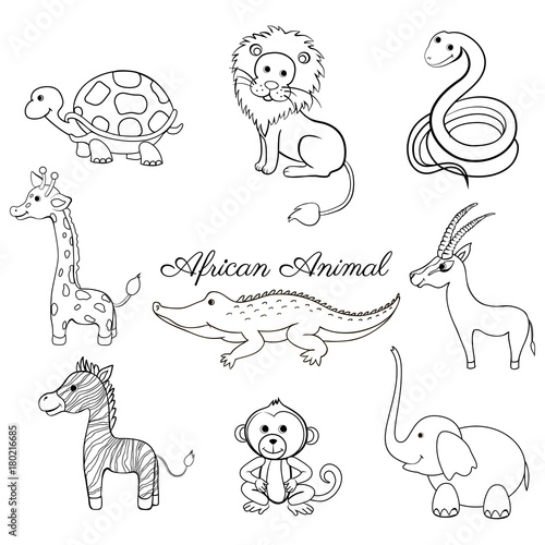 African cartoon animal turtle, giraffe, lion, zebra, crocodile, gazelle, snake, zebra, monkey, elephant isolated on white, Vector doodle illustration line art Character design for greeting cards